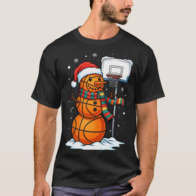 Basketball Snowman Christmas Santa Hat Funny Xmas  T-Shirt (Front)