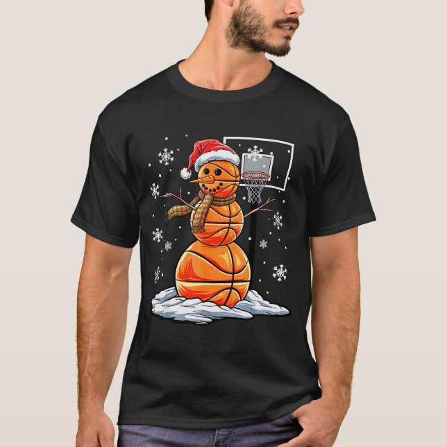 Basketball Snowman Player Santa Hat Christmas Funn T-Shirt (Front)
