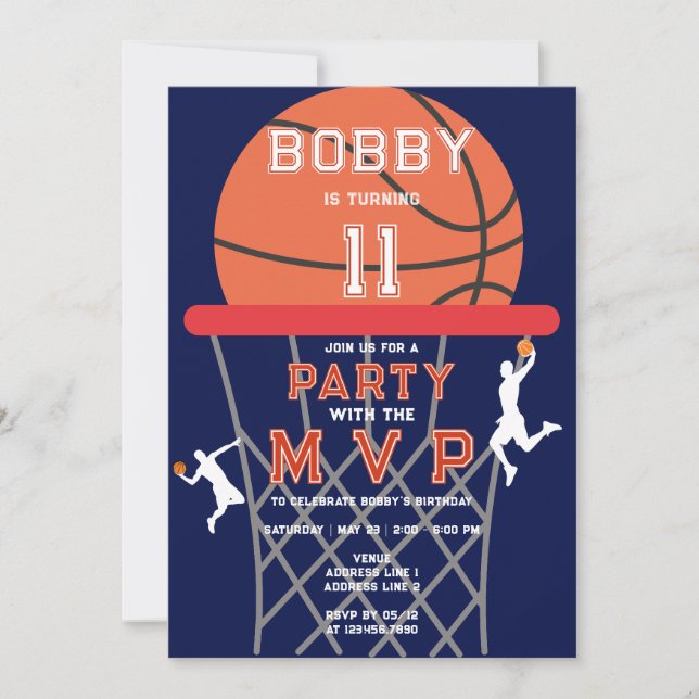 Basketball Sport Jumpman Theme Navy MVP Birthday Invitation (Front)