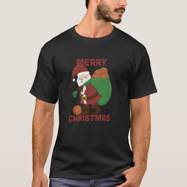 Basketball Sport Santa Claus Merry Christmas T-Shirt (Front)