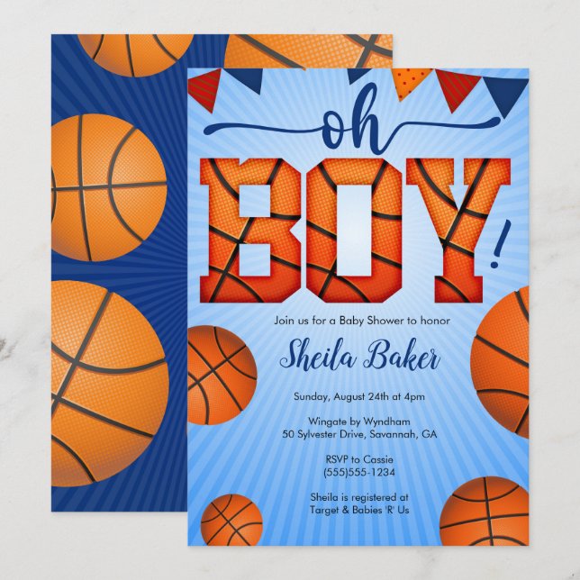 Basketball Sports Baby Shower Invitation - Oh Boy (Front/Back)