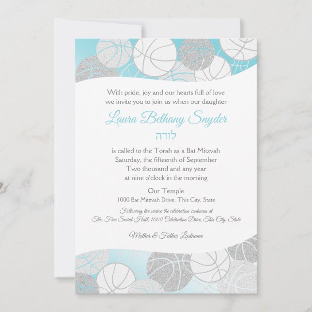 Basketball Sports Bat Mitzvah Blue and Silver Invitation (Front)