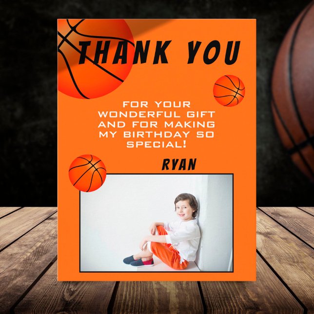 Basketball Sports Birthday Photo Thank You Card (Creator Uploaded)