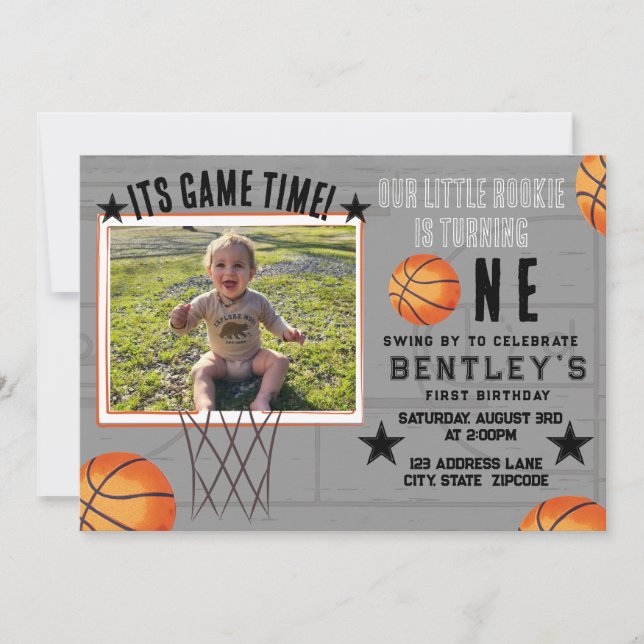 Basketball Sports First Birthday Invitation (Front)
