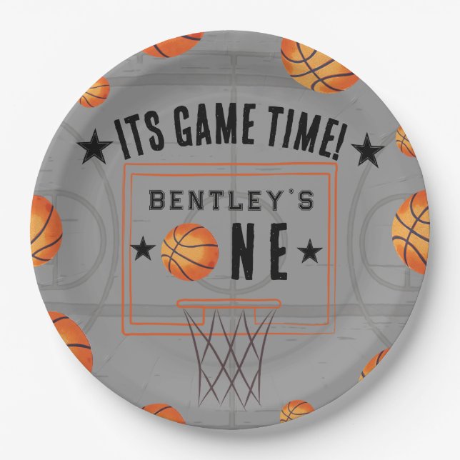 Basketball Sports First Birthday Paper Plate (Front)