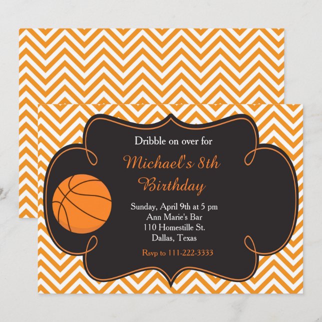 Basketball Sports Orange Birthday Invitation (Front/Back)