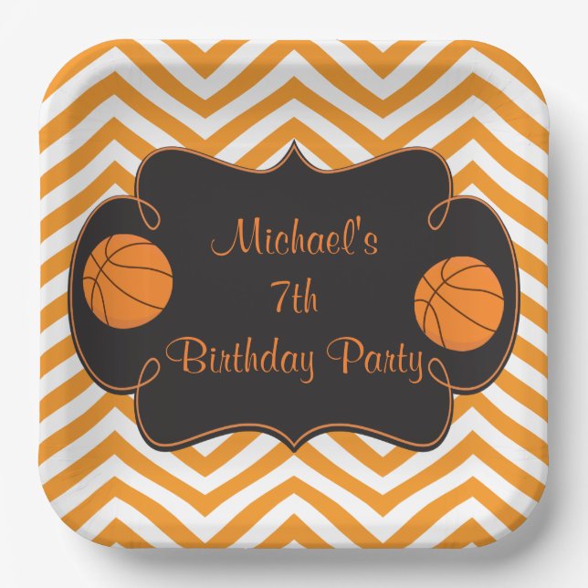 Basketball Sports Orange Birthday Paper Plate (Front)