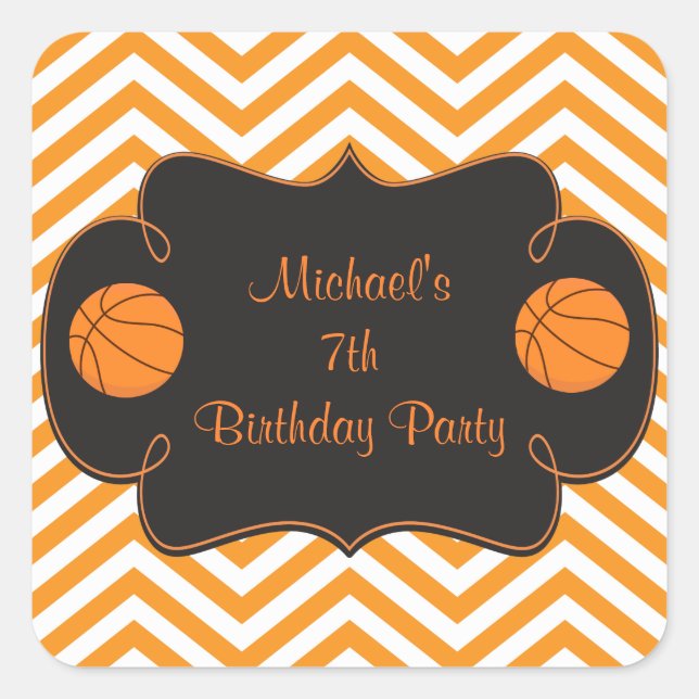Basketball Sports Orange Birthday Square Sticker (Front)