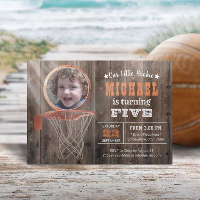Basketball Sports Rustic Wood Photo Birthday Invitation (Creator Uploaded)