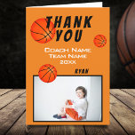 Basketball Sports Thank you Coach Card<br><div class="desc">Basketball thank you coach card with photo, thank you text, coach name, team name, year, your name and basketball balls. Inside the card are basketball balls. Photo thank you card - add your photo into the template. Personalise the card with names and your text. Great thank you card for the...</div>