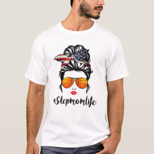 Basketball Stepmom Life Messy Bun American Flag Ba T-Shirt