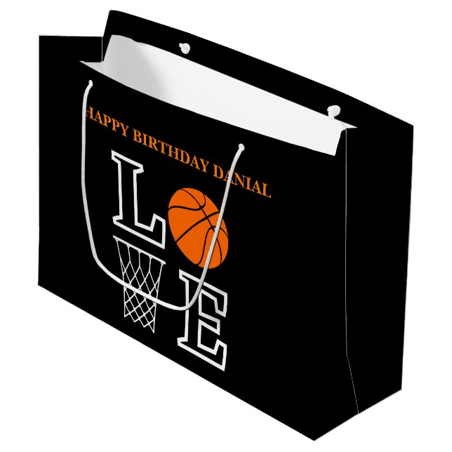 Basketball Swoosh Black Birthday Large Gift Bag (Front Angled)