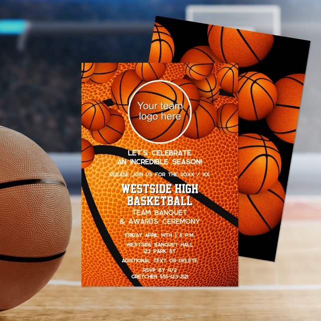 basketball team logo end of season awards ceremony invitation (Basketball team party invitation, front & back views)