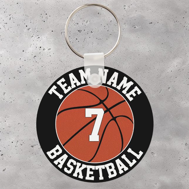Basketball Team Name and Player Number Custom Key Ring (Basketball keychain with custom team name and player jersey number.)