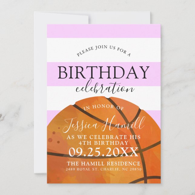 Basketball Themed Birthday Party Pink Invite (Front)
