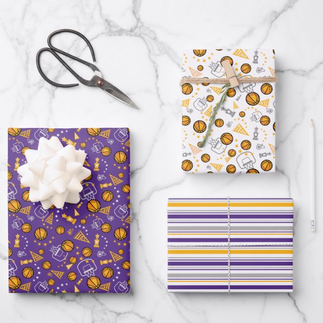 Basketball Themed Pattern Design Gold & Purple Wrapping Paper Sheet (Front)