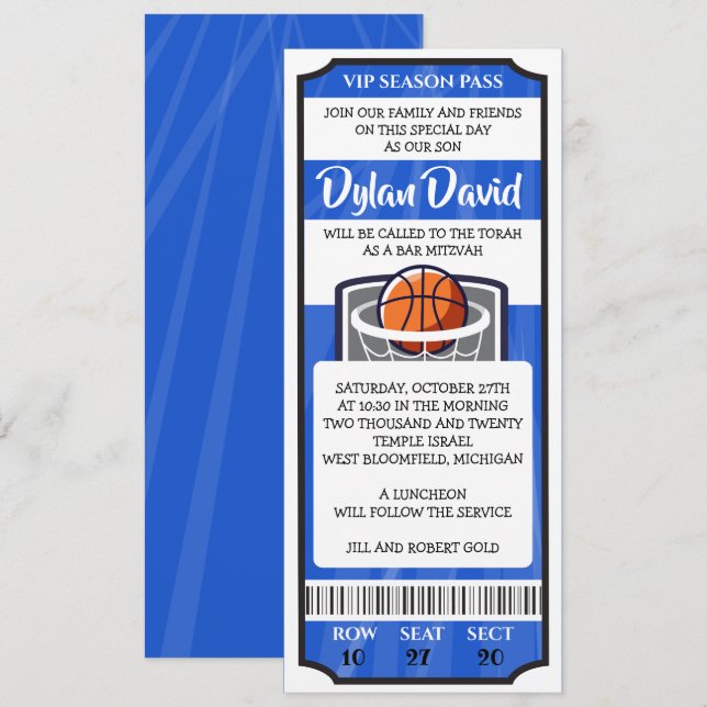 BASKETBALL TICKET Bar Bat Mitzvah Invitation (Front/Back)