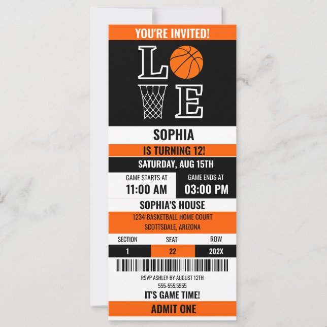 Basketball Ticket Birthday,Basketball Girl player  Invitation (Front)