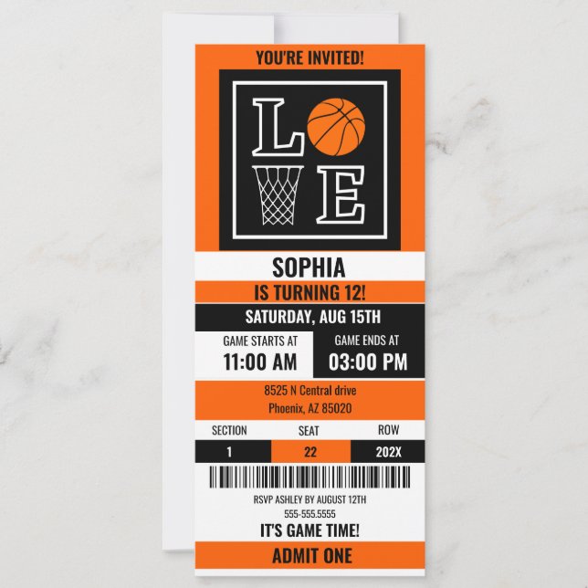 Basketball Ticket Birthday,Basketball Girl player  Invitation (Front)