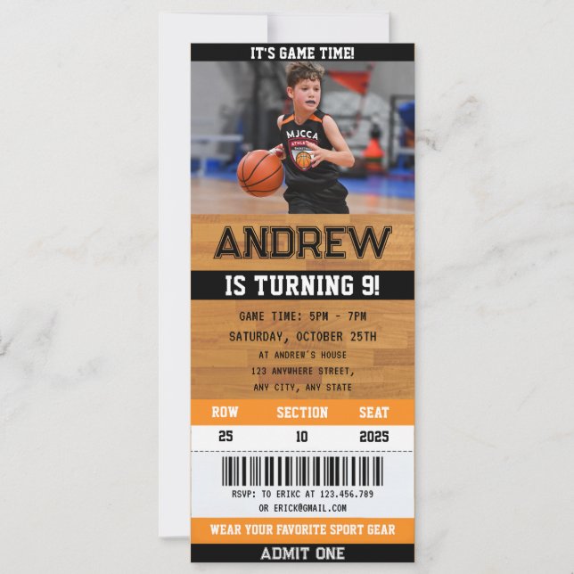 Basketball Ticket Birthday Invitation with a Photo (Front)