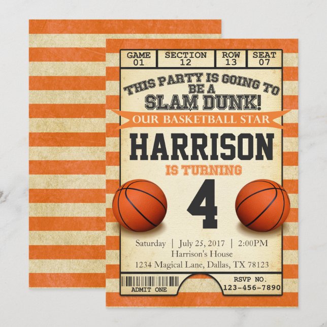 Basketball Ticket Birthday Party Invitation Invite (Front/Back)