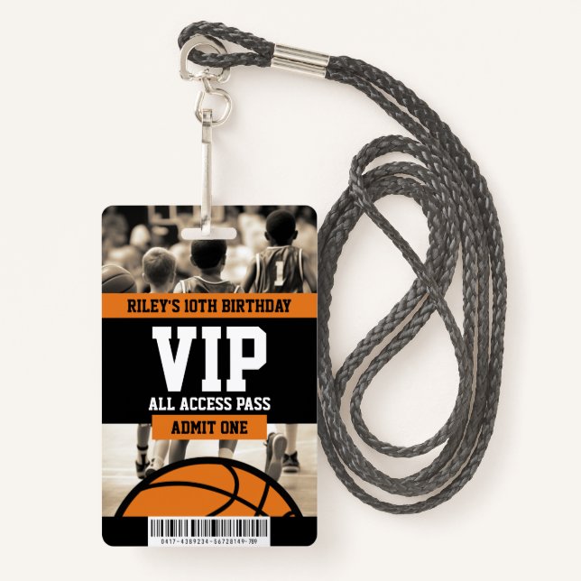 Basketball VIP Birthday Party Guest Pass ID Badge (Front with Lanyard)