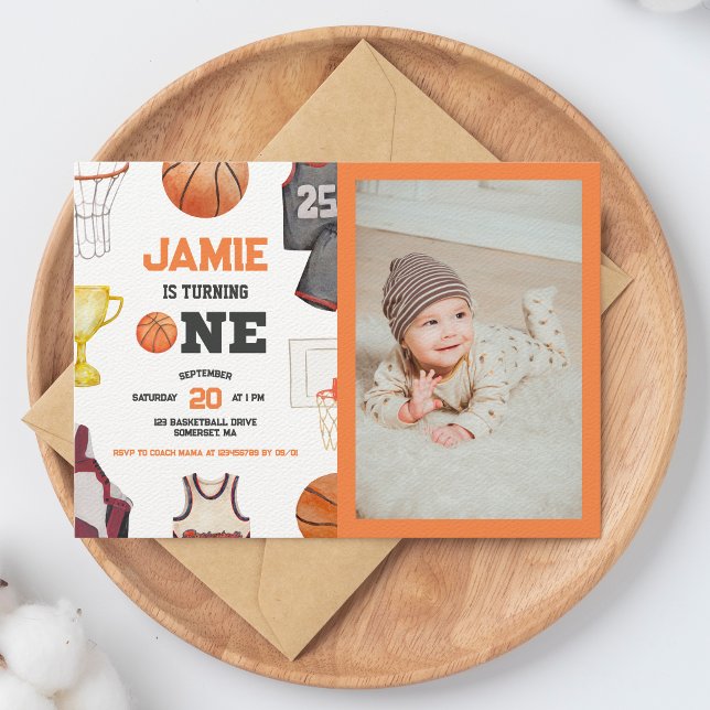 Basketball Watercolor Boys 1st Birthday Invitation (Creator Uploaded)