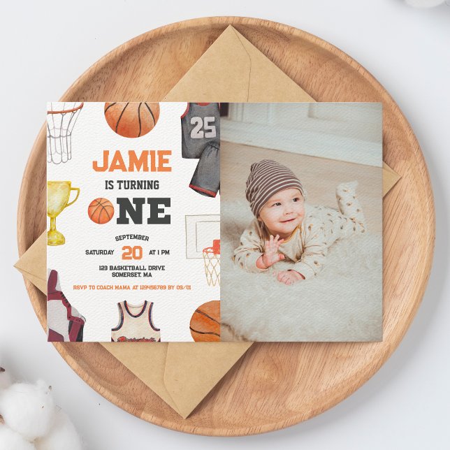 Basketball Watercolor Boys 1st Birthday Invitation (Creator Uploaded)