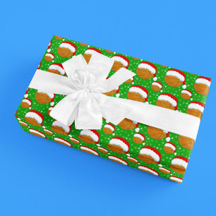 Basketball Wearing Santa's Hat & Snowflakes  Wrapping Paper