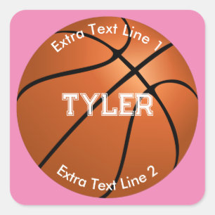 Basketball, White Name, 2 Text Lines, Pink Square Sticker