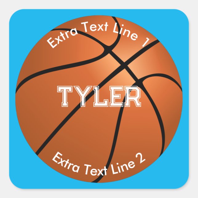 Basketball, White Name, 2 Text Lines, Sky Blue Square Sticker (Front)