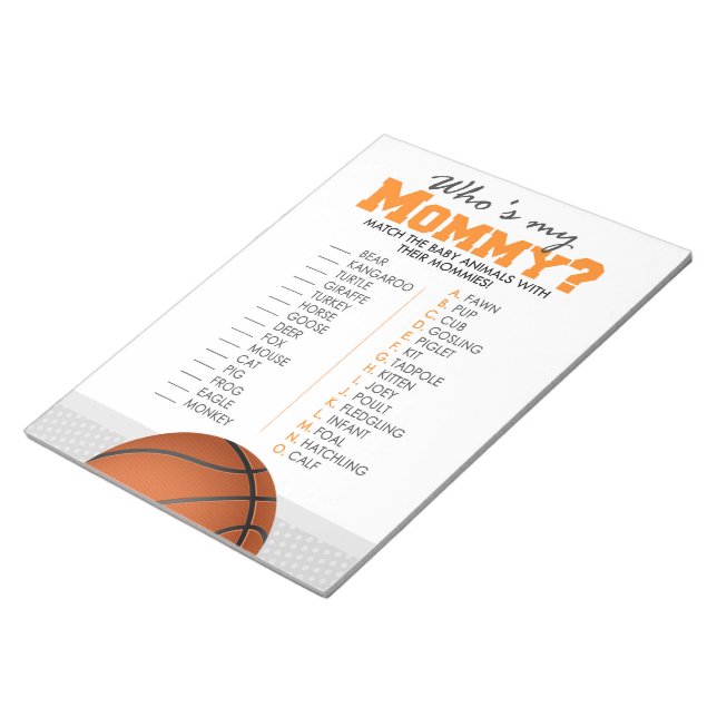Basketball Who's My Mummy Baby Animal Shower Game Notepad (Angled)