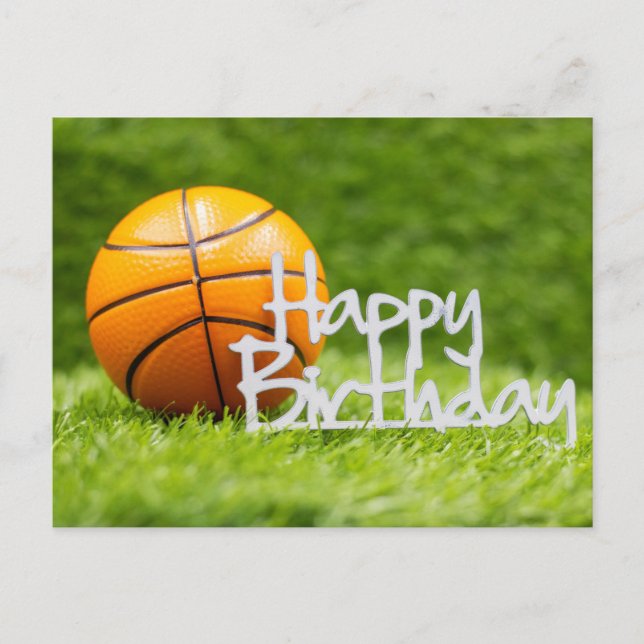 Basketball with Happy Birthday sign on green grass Postcard (Front)