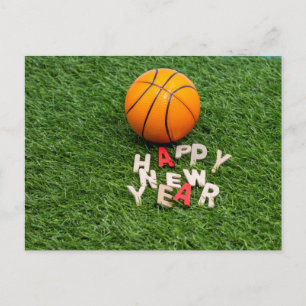 Basketball with Happy New Year wishes on green Postcard