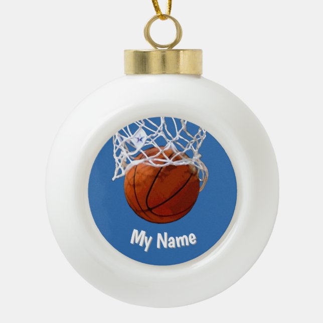 Basketball Your Name Custom Steel Blue Background Ceramic Ball Christmas Ornament (Front)