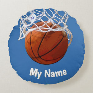 Basketball Your Name Custom Steel Blue Background Round Cushion