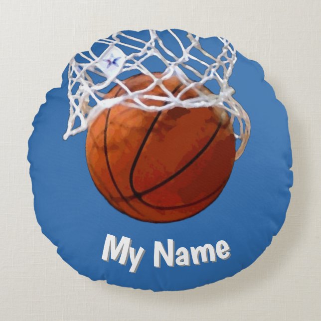 Basketball Your Name Custom Steel Blue Background Round Cushion (Front)