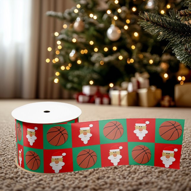 Basketballs and Santa Christmas Basketball Player Satin Ribbon (Basketball and Santa Christmas gift ribbon.)