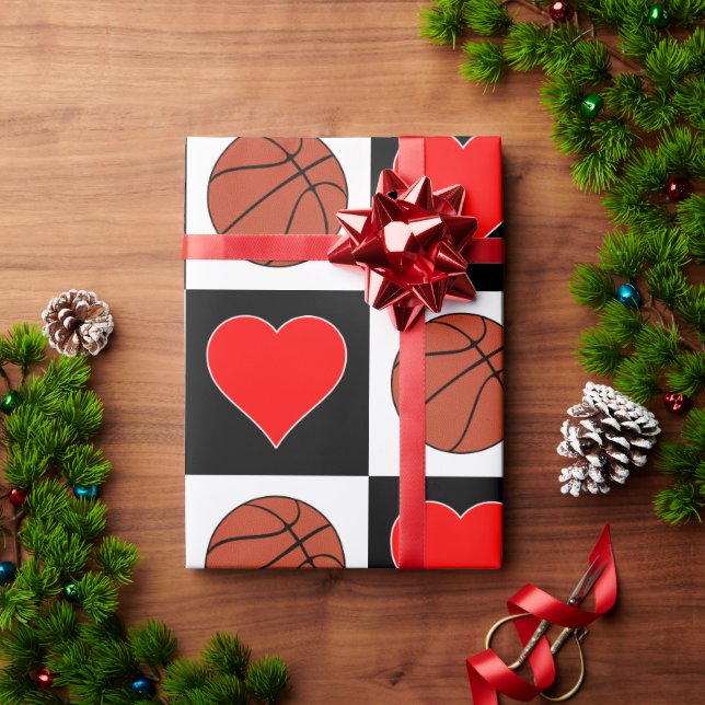 Basketballs & Hearts Black & White Chequered Patte Wrapping Paper (Holiday Gift)