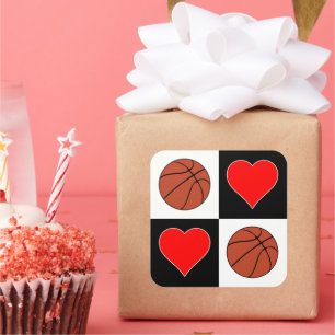 Basketballs & Hearts Chequered Pattern Cute Sports Square Sticker