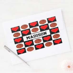 Basketballs & Hearts Custom Player Name Fun Sports Rectangular Sticker