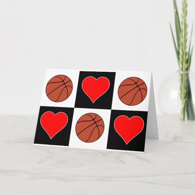 Basketballs & Hearts Cute Chequered Pattern Greeti Card (Front)