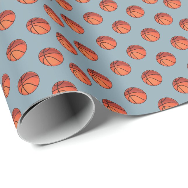 Basketballs on Light Stone Blue Wrapping Paper (Roll Corner)