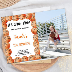 Basketballs Orange Round Birthday Invitations phot