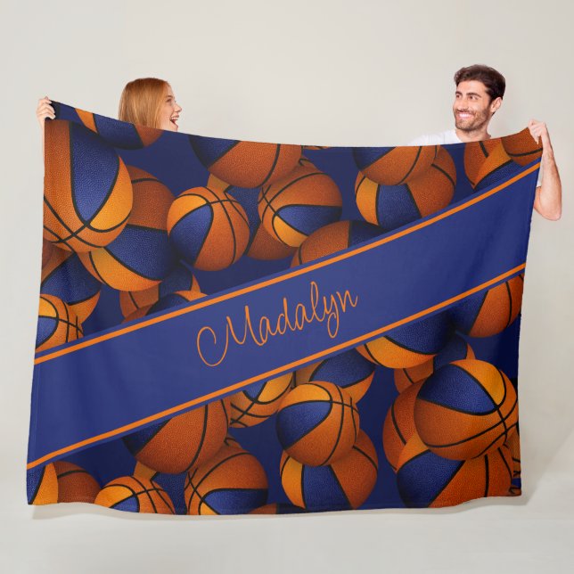 basketballs pattern blue orange her team colours fleece blanket (In Situ)