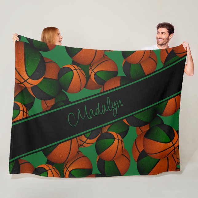 basketballs pattern green black girls team colours fleece blanket (In Situ)