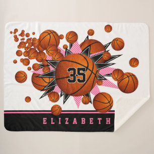 basketballs pink black stars girls sports room sherpa blanket