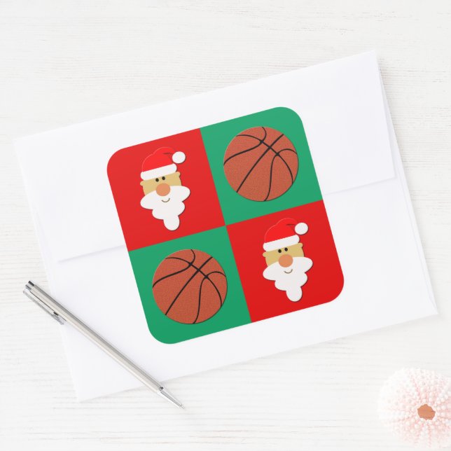 Basketballs & Santa Clause Christmas Gift Wrapping Square Sticker (Envelope)