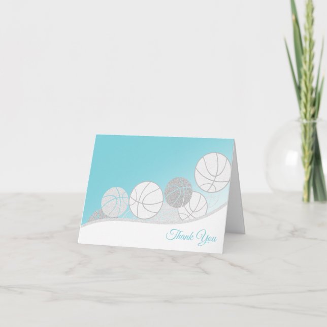 Basketballs Silver and  Blue Thank You Card (Front)