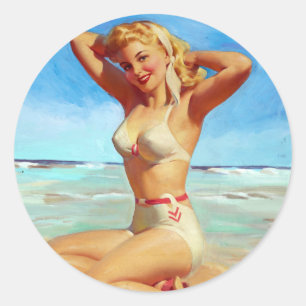 Basking on the Beach Pin Up Classic Round Sticker